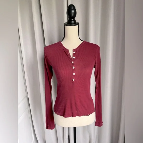 Square Neck Hollister Red Long Sleeve Hollister Henley Shirt